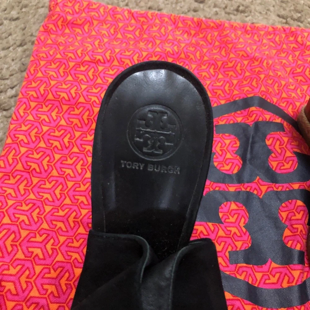 Tory Burch Black Suede Peep-Toe Wedge Sandals with Wood-Tone Heel Size 7